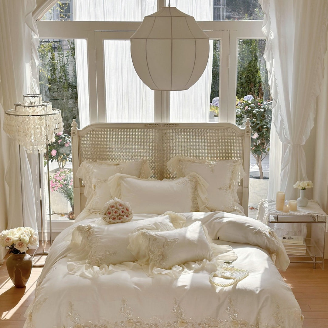 Luxurious embroidered bedding set with ruffles and lace