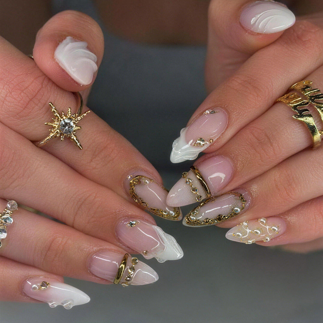 Luxurious Designer Press-On Nail Art Set with Gold Accents