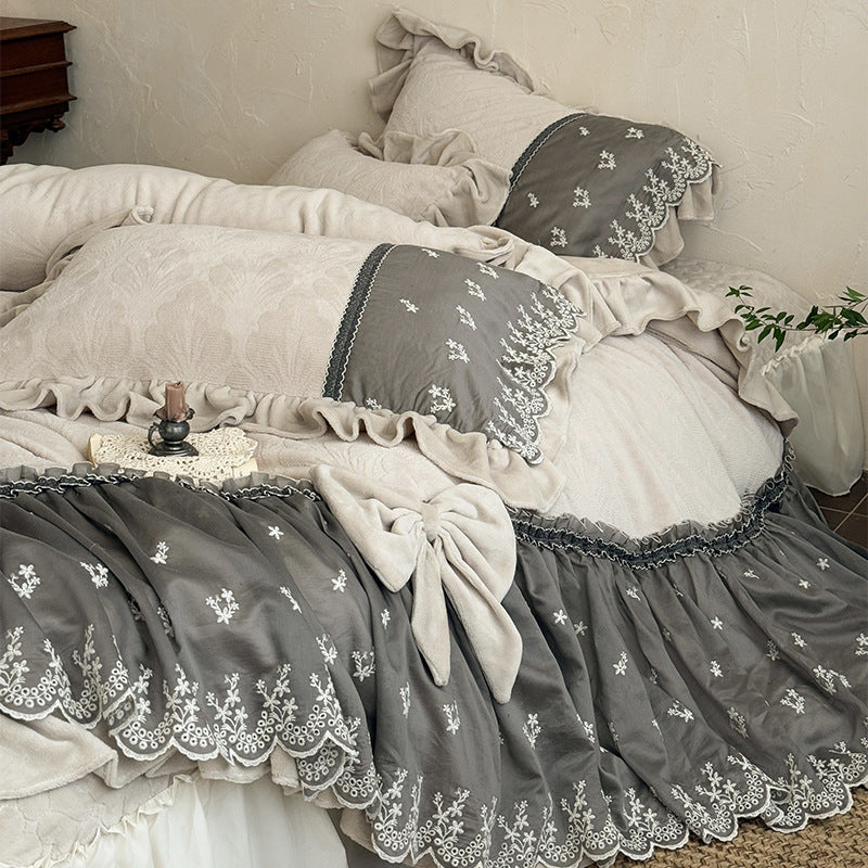 Luxury Ruffled Velvet-Jacquard Duvet Cover Set with Embroidered Lace Skirt & Bow