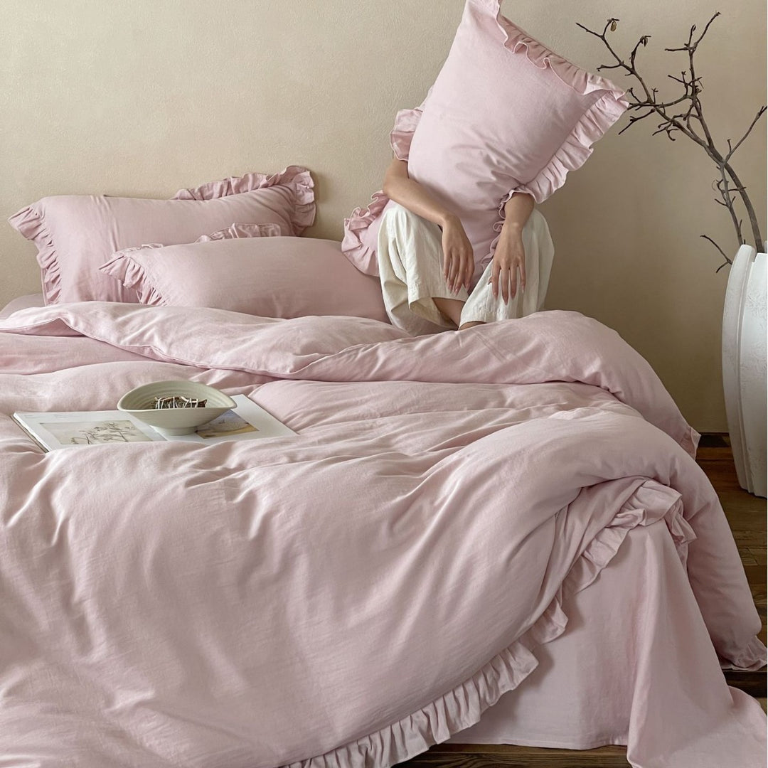 Soft-Ruffled Washed Cotton Duvet Cover Set with Frilled Edge & Pillow Shams