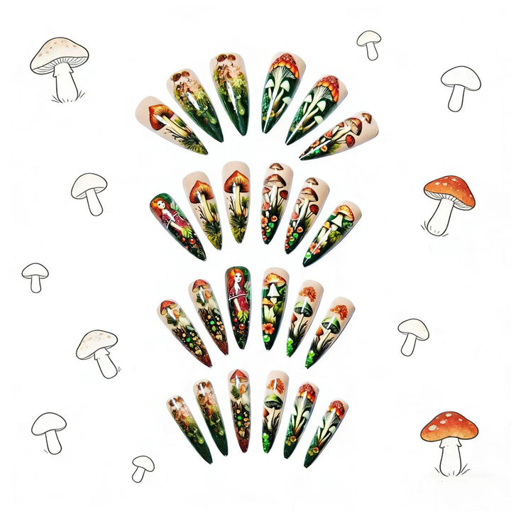Creative artificial nails with playful fairy and mushroom design Stornfield