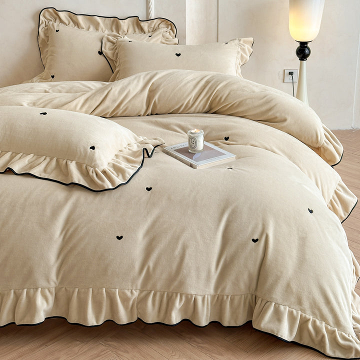 Romantic bedding set with ruffle, velvety soft microfleece surface and embroidered hearts
