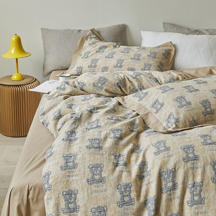 Teddy-Motif Washed Cotton Percale Duvet Cover Ensemble