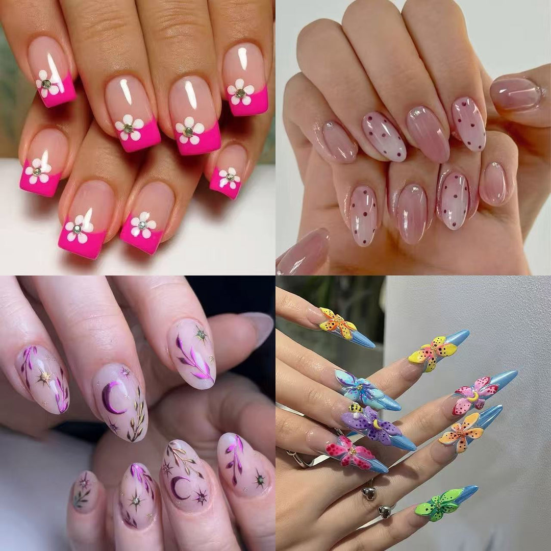 Artificial nails in a playful flower design with glittering accents Stornfield