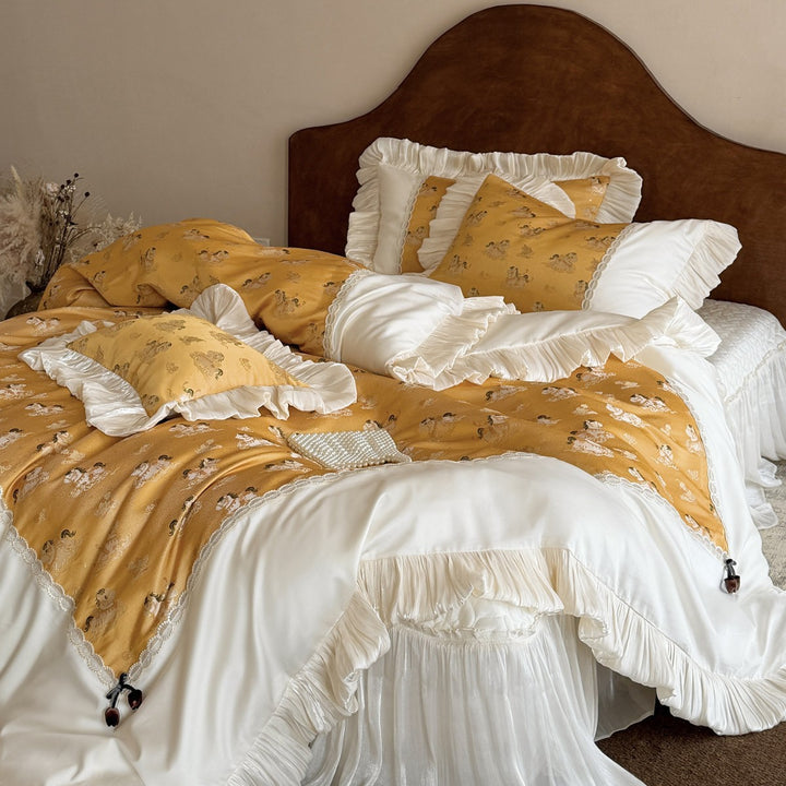 Ruffled Satin-Trim Quilted Duvet Cover Set with Lace Insets