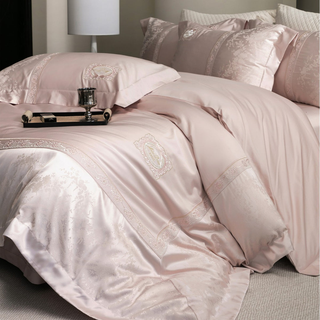 Luxurious Embroidered Satin-Jacquard Duvet Cover Bedding Set with Medallion and Lace Border