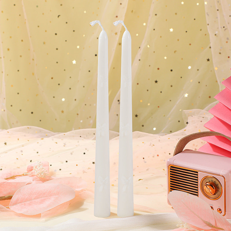 Embossed Bow-Accent Long Taper Candle Pair for Table Centerpiece