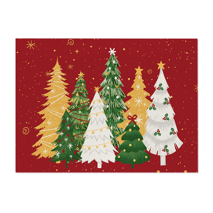 Decorative Rectangular Cotton-Linen Holiday Tablecloth with Repeating Hand-Painted Christmas Tree Motif