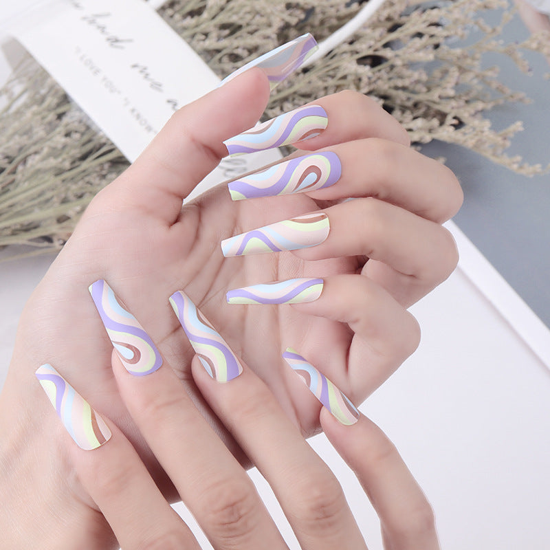 Artistic Long Press-On Nail Set with Colorful Wave Design Stornfield