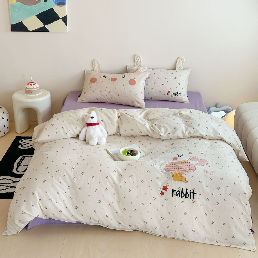 Cute Cartoon Rabbit Duvet Cover Bedding Set with Pillowcases and Ear Accent