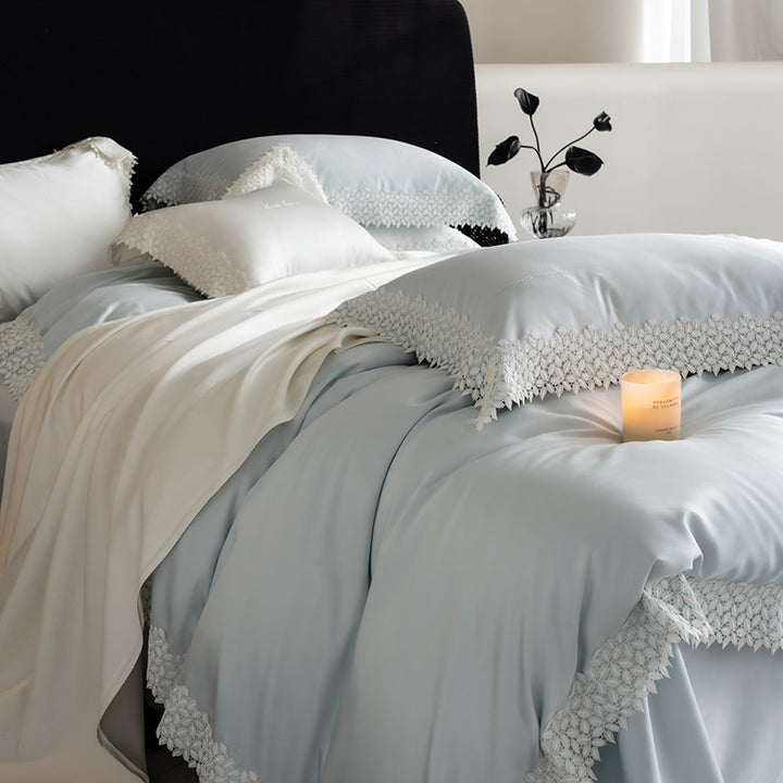 Luxurious satin bedding set with fine lace trim