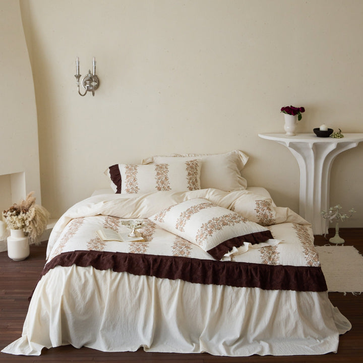 Vintage Cottage Linen-Blend Ruffled Eyelet Lace Duvet Cover Set