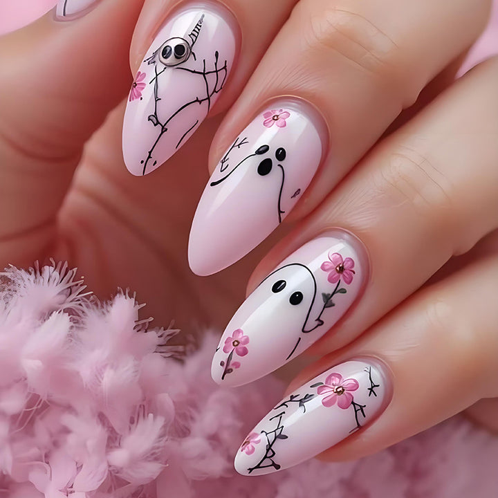 Artificial nail set with playful ghost and flower motifs Stornfield