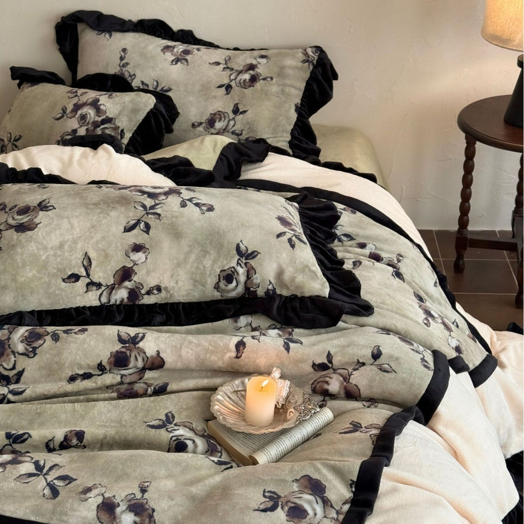 Floral Velvet-Texture Ruffled Duvet Cover Set with Decorative Pillow Shams
