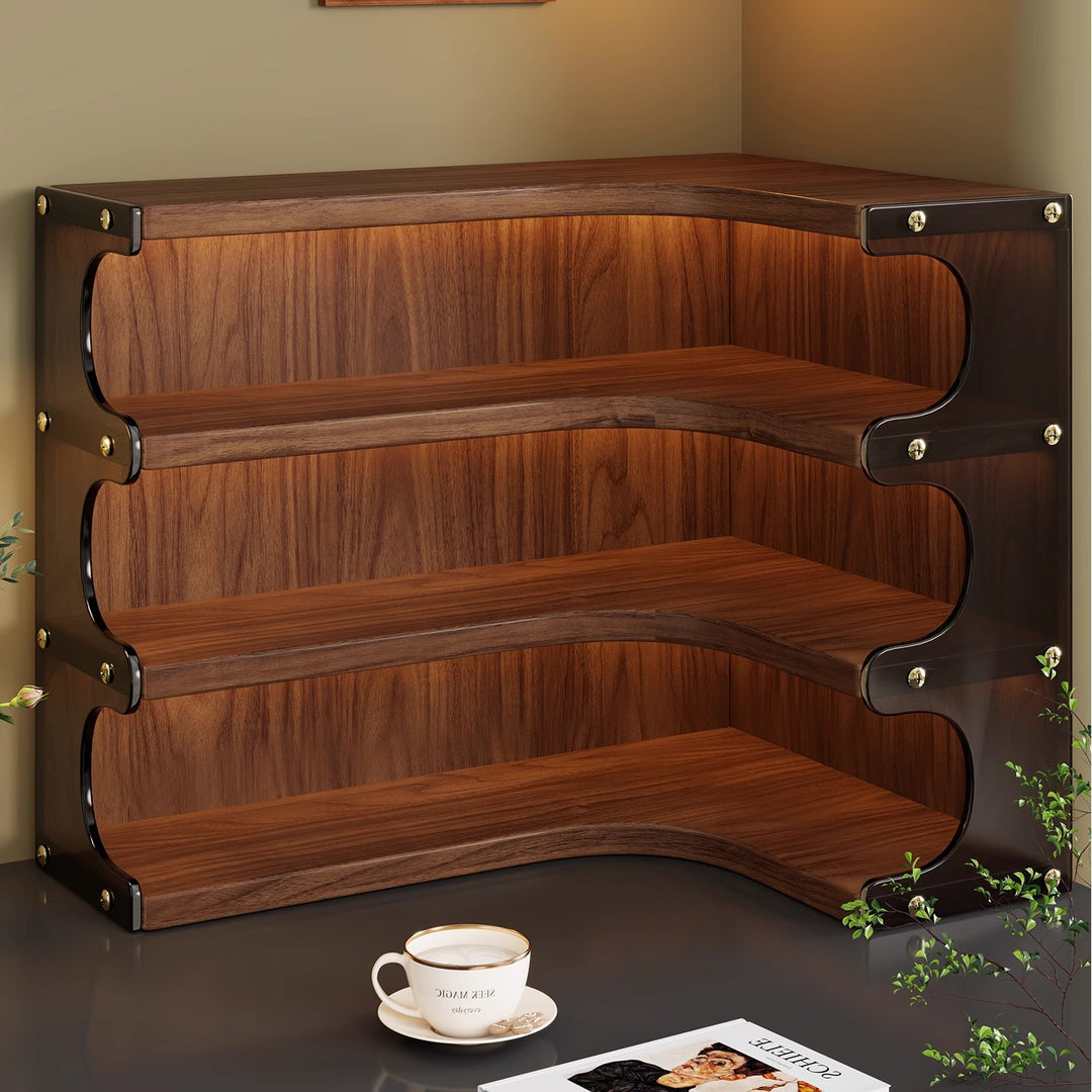 Corner Triple-Tier Wooden Countertop Display Shelf Organizer with Curved Shelves and Brass Accents
