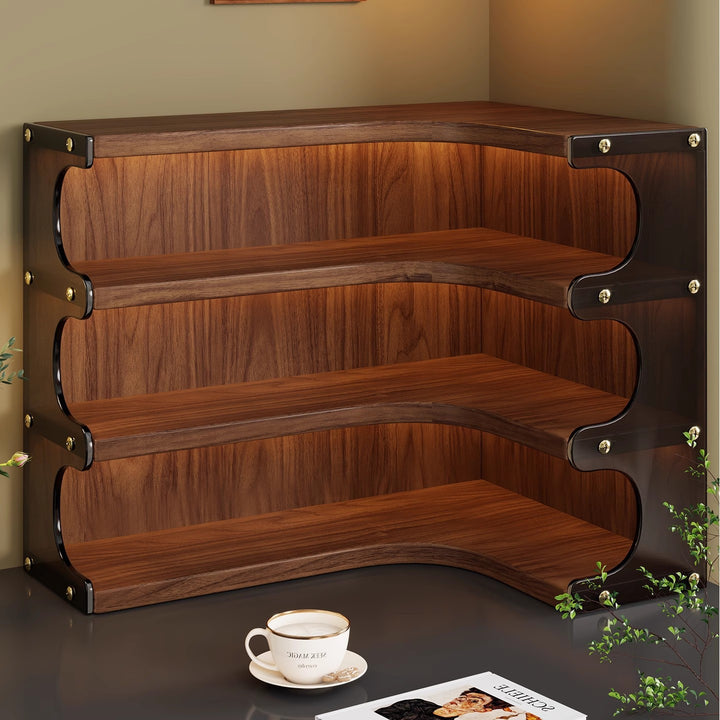 Corner Triple-Tier Wooden Countertop Display Shelf Organizer with Curved Shelves and Brass Accents