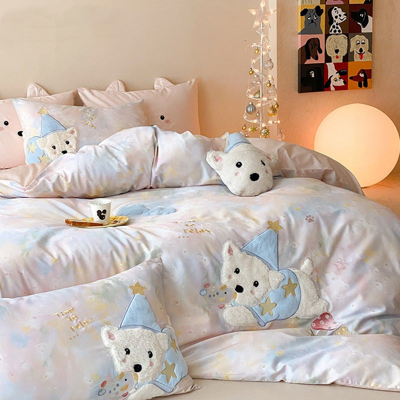 Plush Appliqué Cotton-Blend Duvet Cover Set with 3D Bear Pillow and Pastel Watercolor Print