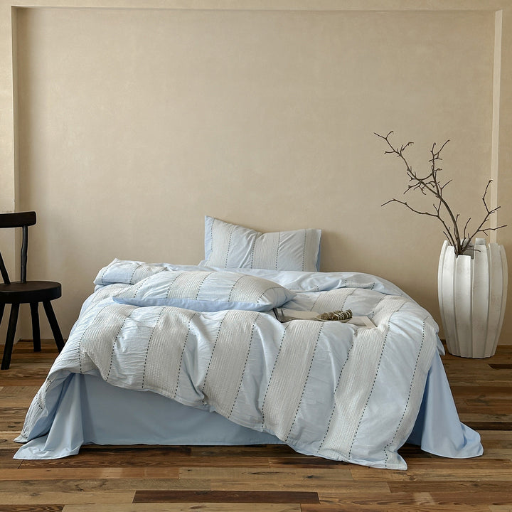 Luxury Washed Cotton-Linen Duvet Cover Set with Woven Stripe Accents