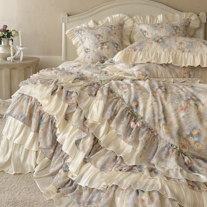 Romantic Layered Ruffled Floral Duvet Cover Set with Satin-Trim Pillow Shams