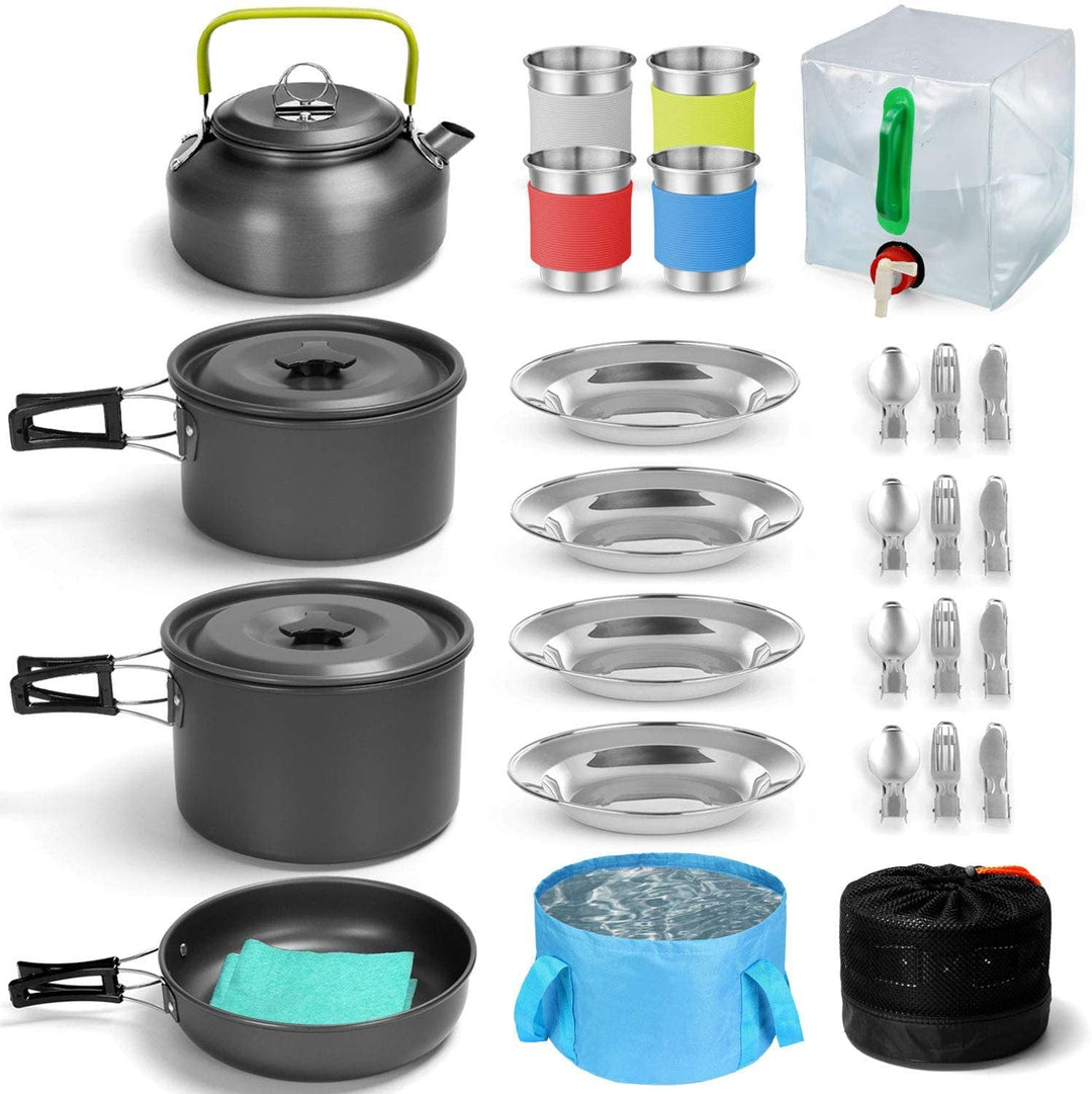 compact nesting anodized aluminum camping cookware kit with kettle nonstick pots frying pan foldable wash basin stainless steel plates cups Stornfield