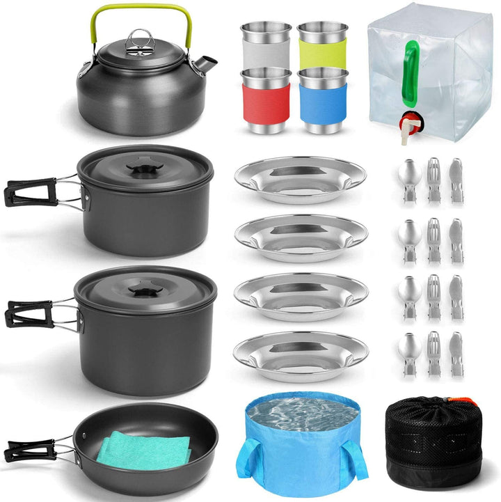 compact nesting anodized aluminum camping cookware kit with kettle nonstick pots frying pan foldable wash basin stainless steel plates cups Stornfield