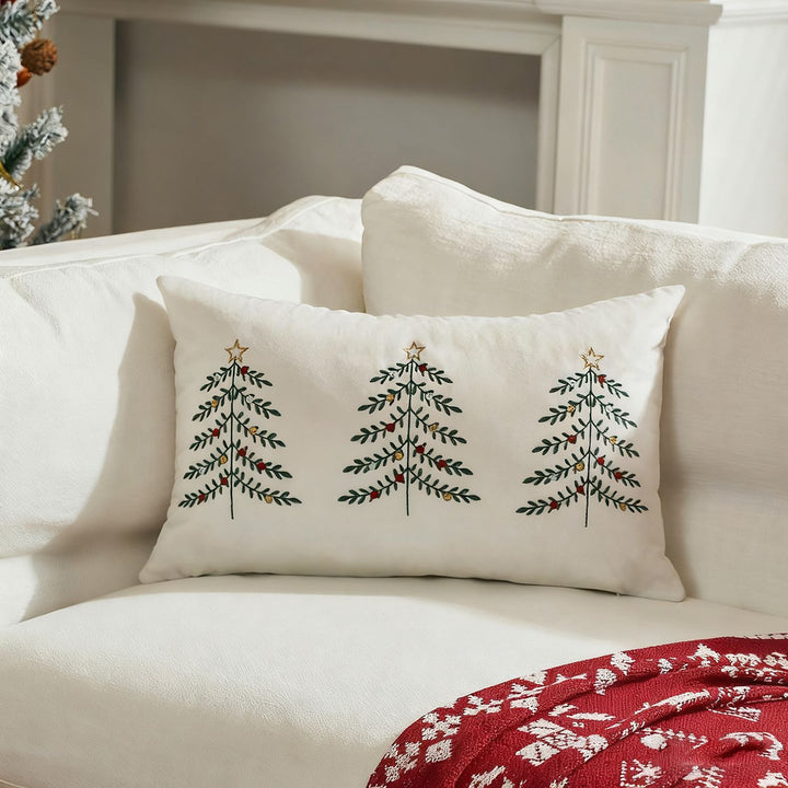Embroidered Festive Lumbar Throw Pillow Cover with Trio Christmas Tree Motif