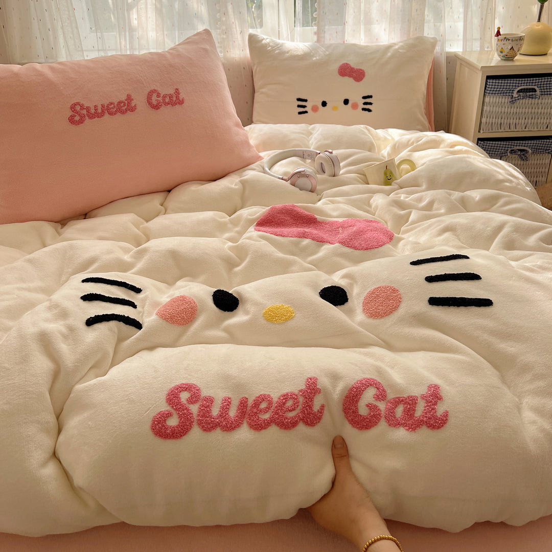 Plush Embroidered Kawaii Cat Comforter Set
