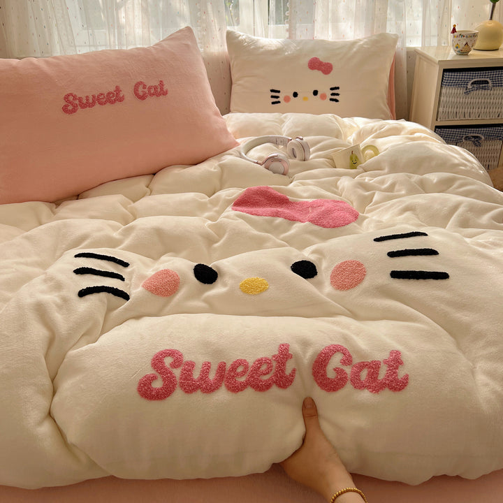 Plush Embroidered Kawaii Cat Comforter Set