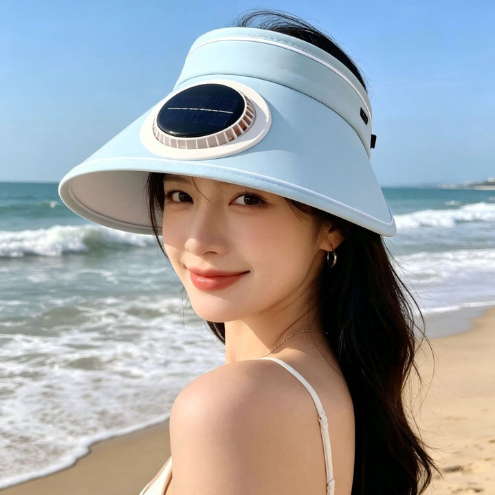 Lightweight foldable sunshade with integrated solar module and quiet fan Stornfield