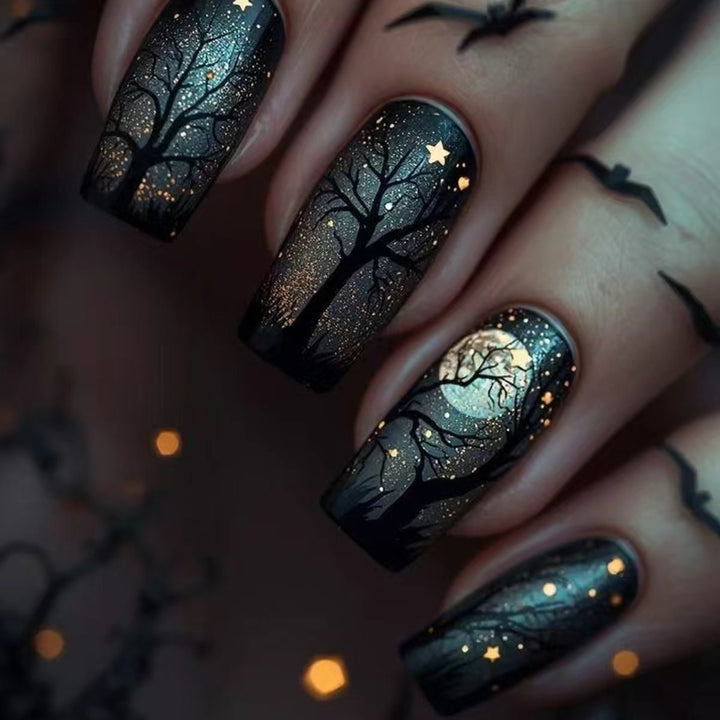 Creative Acrylic Nails with Midnight Forest Design Stornfield