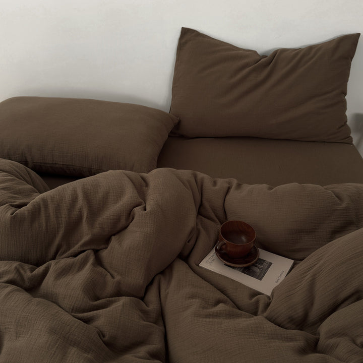 Washed Cotton Gauze Textured Duvet Cover Set with Deep-Pocket Fitted Sheet