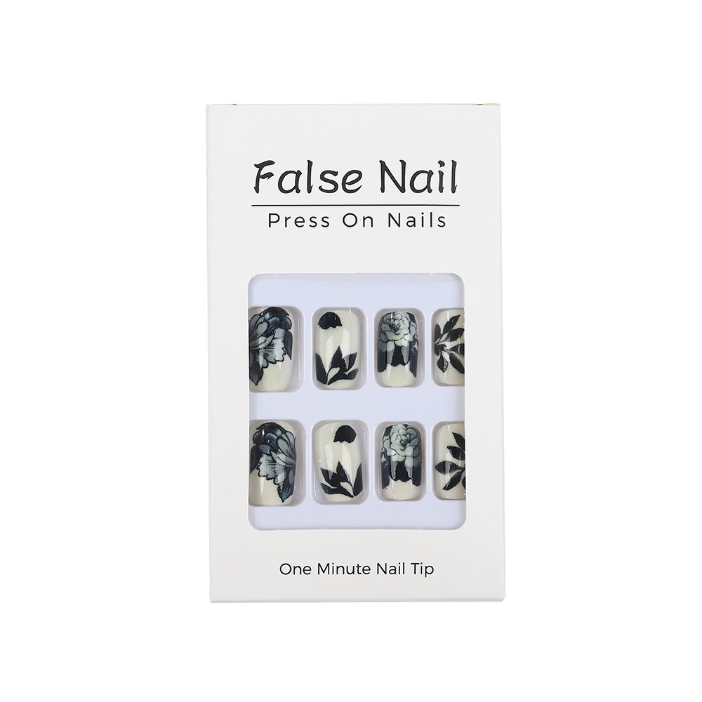 Artificial nails with floral black-and-white design Stornfield