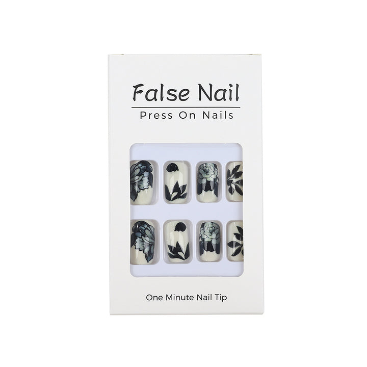 Artificial nails with floral black-and-white design Stornfield