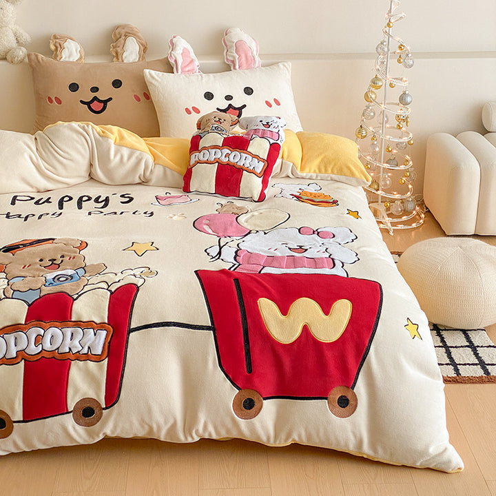 Cozy bedding set with embroidered cartoon cats and plush appliqués