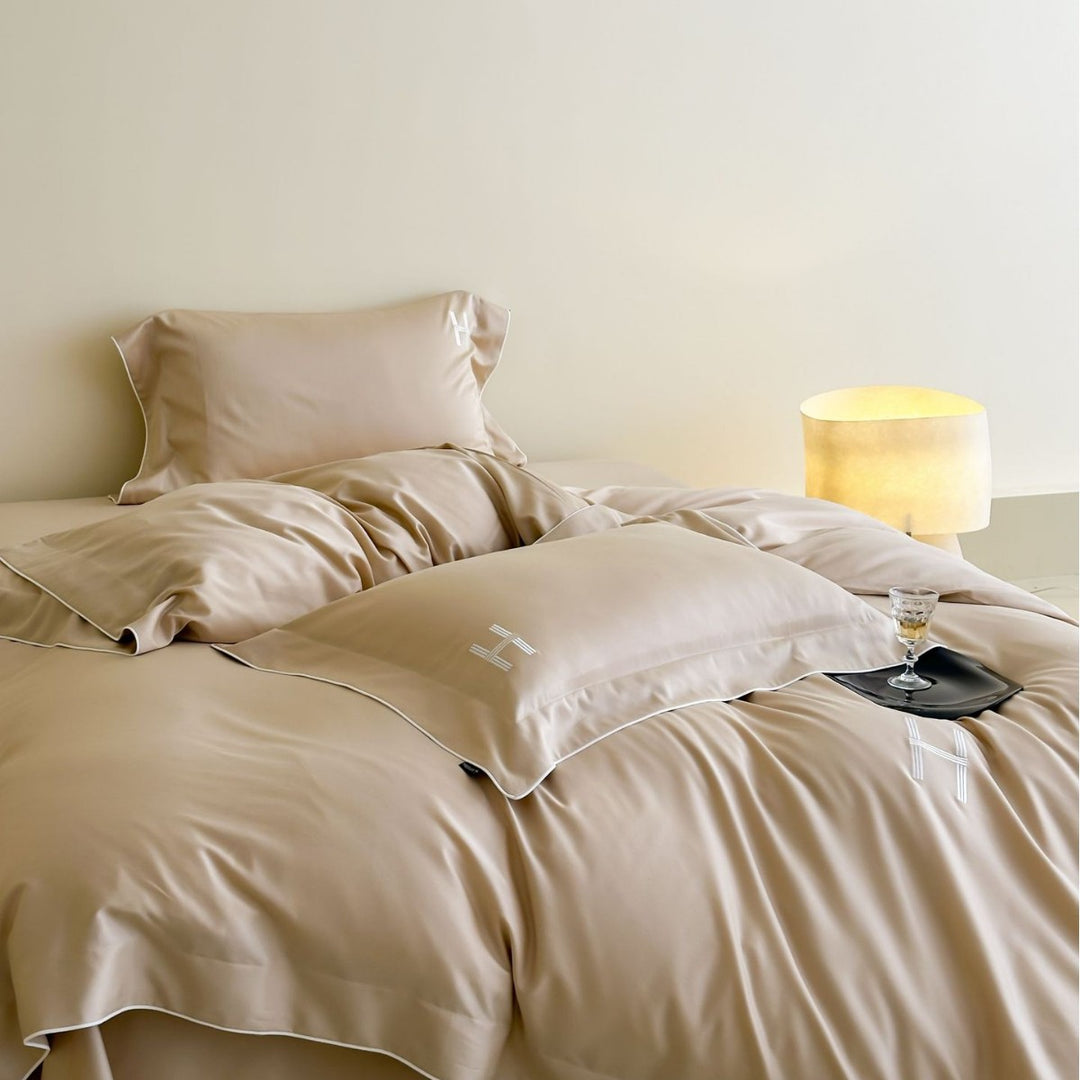 Luxury satin bedding set with subtle piping