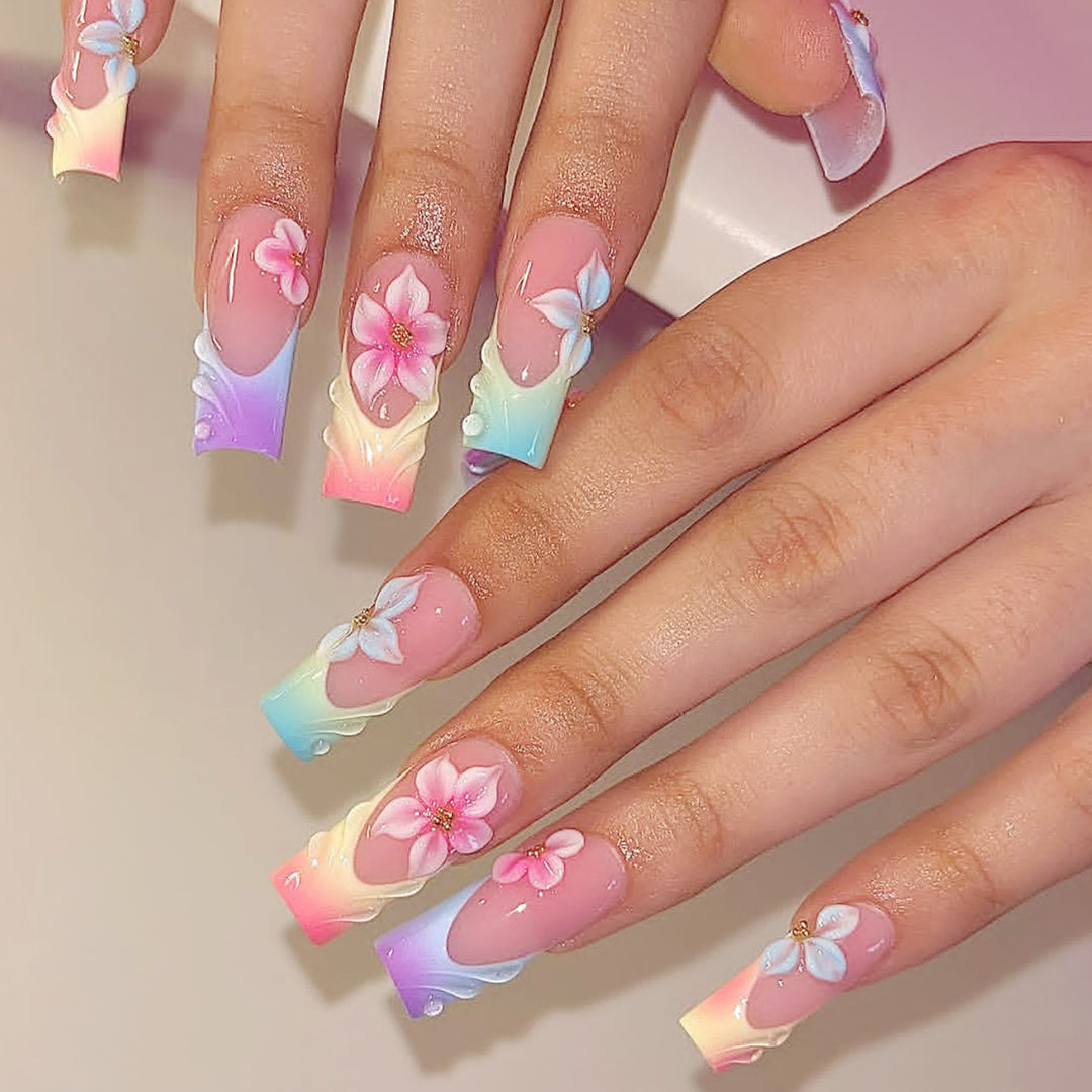 Artificial nail set with floral designs and elegant ombre effect Stornfield