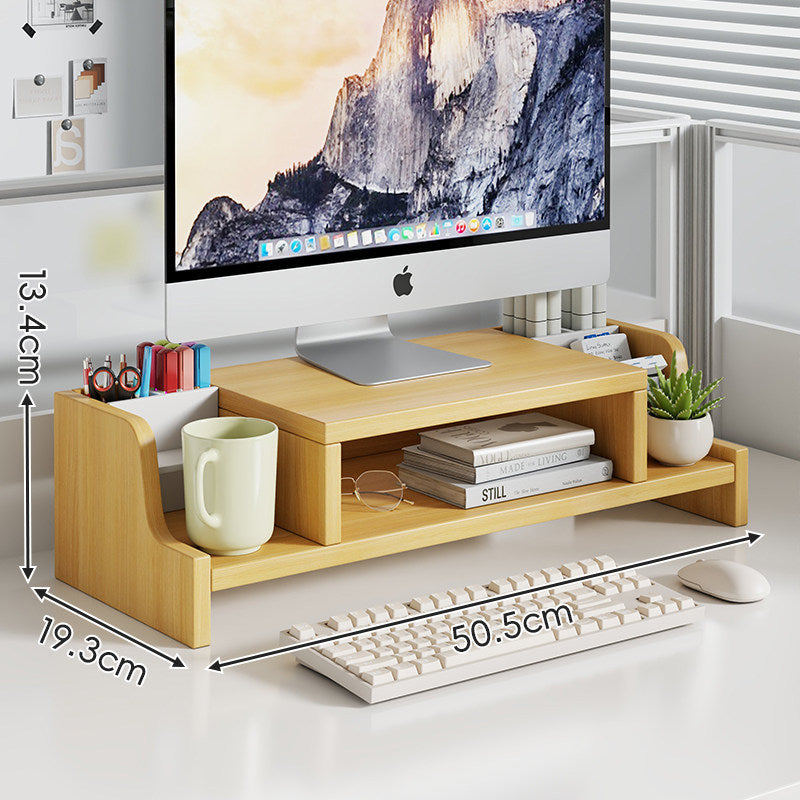 Elevated Bamboo Desktop Stand with Lockable Drawer and Integrated Cup & Stationery Caddy