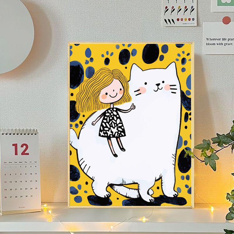 Playful Cat and Girl Illustration Canvas Art Stornfield