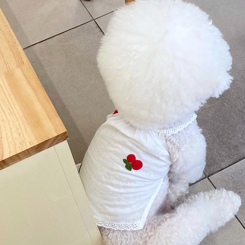 Lightweight Cotton Eyelet-Trim Sleeveless Dog Tank Top with Cherry Embroidery