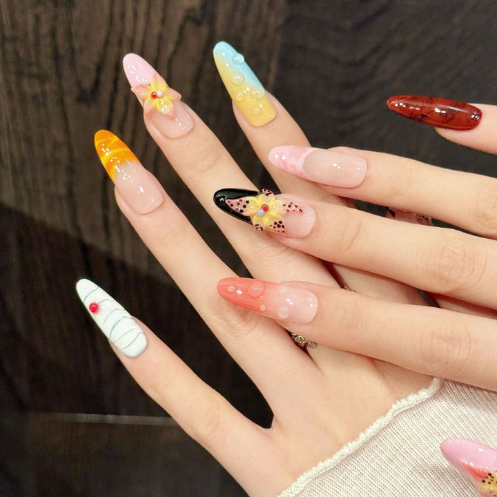 Artistic Press-On Nail Set with Floral Motifs