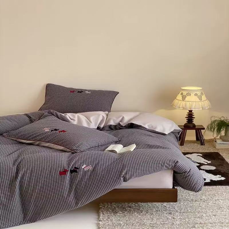 Reversible Embroidered Gingham Cotton Duvet Cover Set