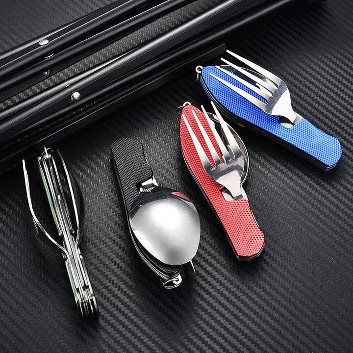 folding stainless steel camping cutlery set with textured grip locking hinge and compact travel clip Stornfield