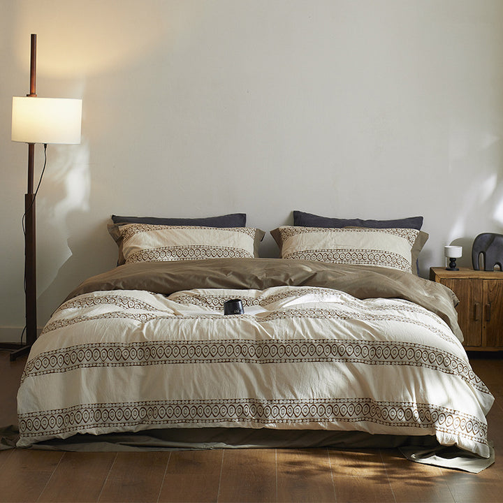 Embroidered Stripe Organic Cotton Duvet Cover Set with Pillow Shams