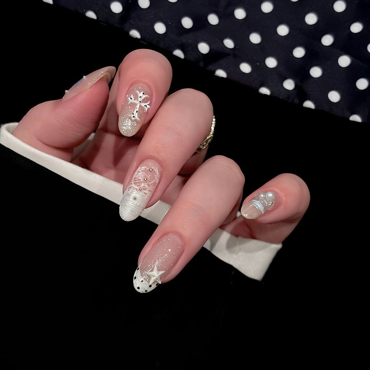 Acrylic Nail Set with Dreamy Glitter and Pearl Designs Stornfield
