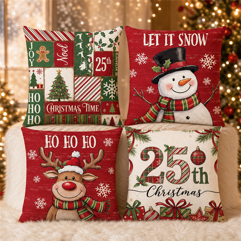Festive Cotton-Linen Square Throw Pillow Cover with Holiday Plaid Numeral Graphic and Hidden Zipper