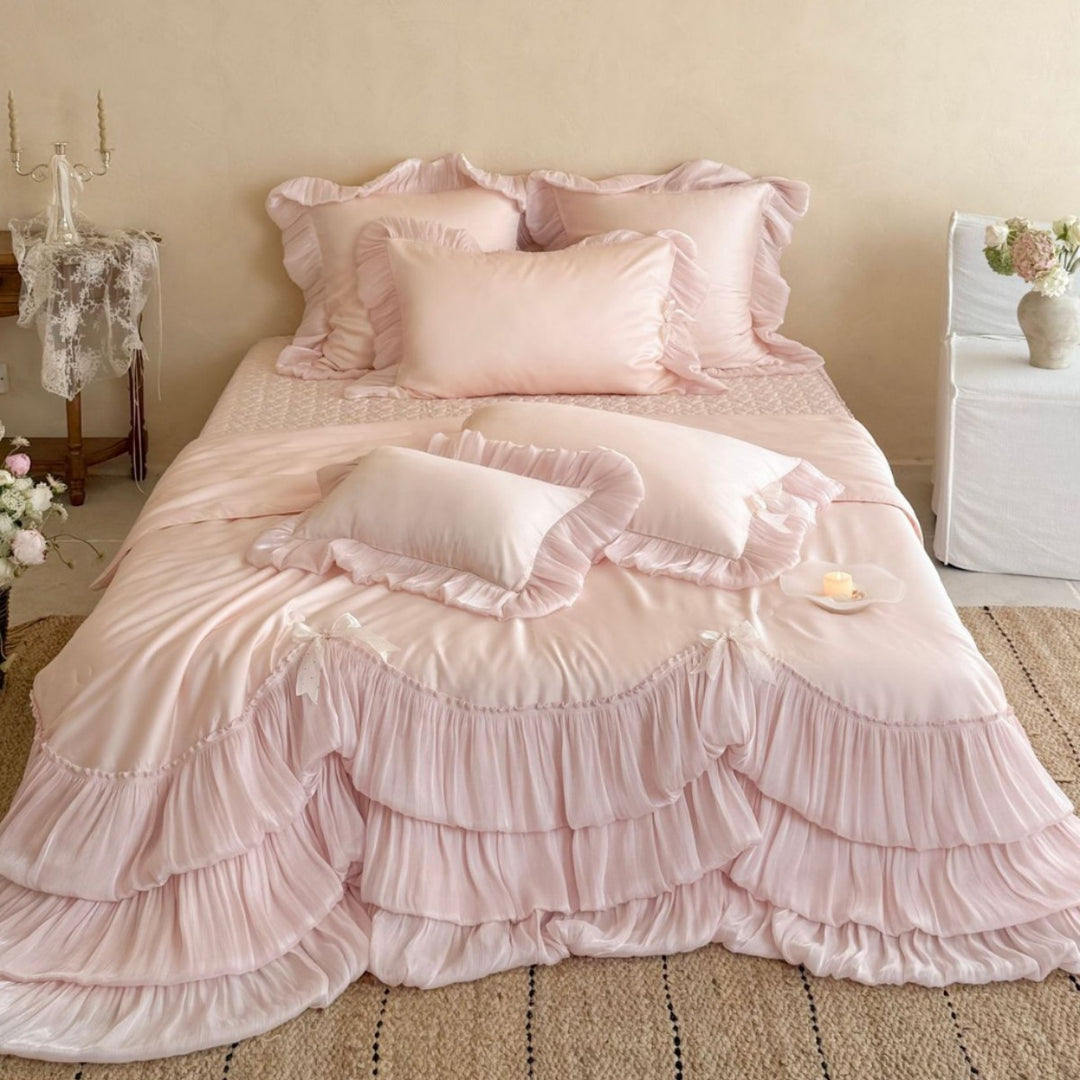 Layered Pleated Satin-Feel Tiered Bedspread Set with Ruffled Pillow Shams