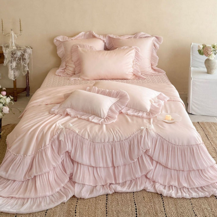 Layered Pleated Satin-Feel Tiered Bedspread Set with Ruffled Pillow Shams