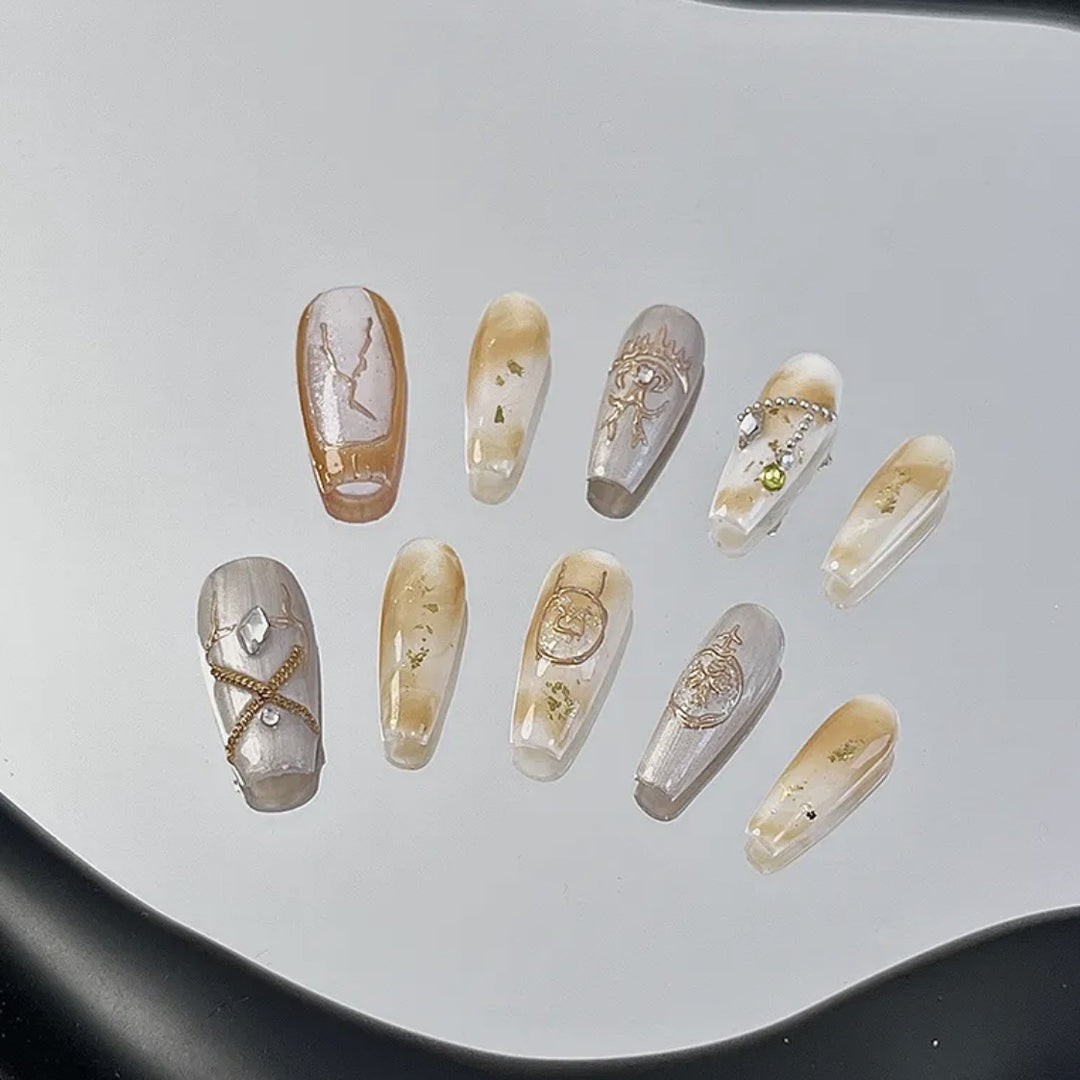 Elegant Press-On Nail Art Set with Gold Accents