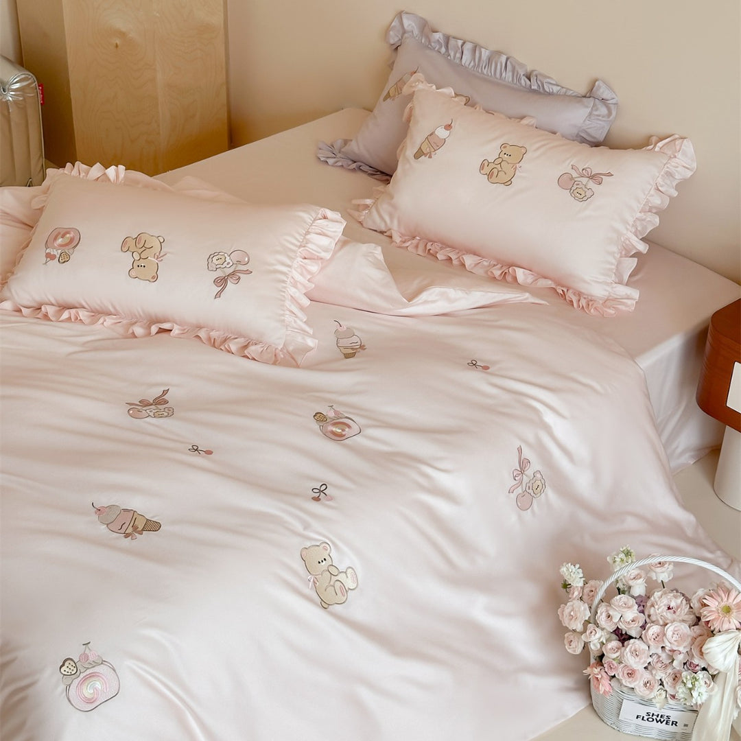 Ruffled Embroidered Duvet Cover Set with Cartoon Bear & Dessert Motifs