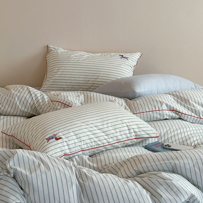 Striped Cotton Percale Duvet Cover Set with Piped Edge and Embroidered Motif
